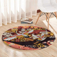 Japanese Hawaiian Crane Round Carpet Yellow Ochre Tapa Patchwork Pattern LT9 - Polynesian Pride