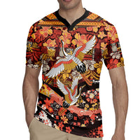 Japanese Hawaiian Crane Rugby Jersey Yellow Ochre Tapa Patchwork Pattern LT9 - Polynesian Pride
