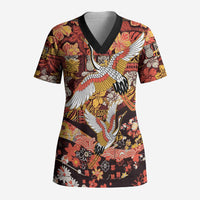 Japanese Hawaiian Crane Scrub Top Yellow Ochre Tapa Patchwork Pattern LT9 Adult Yellow - Polynesian Pride