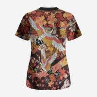 Japanese Hawaiian Crane Scrub Top Yellow Ochre Tapa Patchwork Pattern LT9 - Polynesian Pride