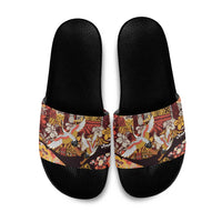 Japanese Hawaiian Crane Slide Sandals Yellow Ochre Tapa Patchwork Pattern