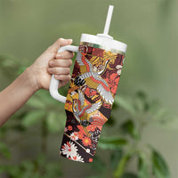 Japanese Hawaiian Crane Tumbler With Handle Yellow Ochre Tapa Patchwork Pattern LT9 - Polynesian Pride