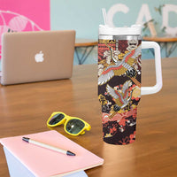 Japanese Hawaiian Crane Tumbler With Handle Yellow Ochre Tapa Patchwork Pattern LT9 - Polynesian Pride