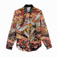 Japanese Hawaiian Crane Women Casual Shirt Yellow Ochre Tapa Patchwork Pattern LT9 - Polynesian Pride