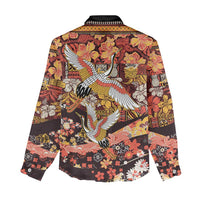 Japanese Hawaiian Crane Women Casual Shirt Yellow Ochre Tapa Patchwork Pattern LT9 - Polynesian Pride