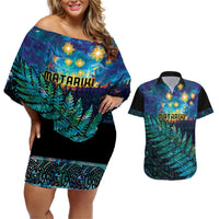 Matariki Te Tau Hou Maori Couples Matching Off Shoulder Short Dress and Hawaiian Shirt New Zealand Silver Fern Night Starry Sky LT9 Black - Polynesian Pride
