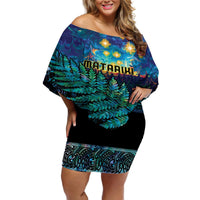 Matariki Te Tau Hou Maori Off Shoulder Short Dress New Zealand Silver Fern Night Starry Sky LT9 Women Black - Polynesian Pride