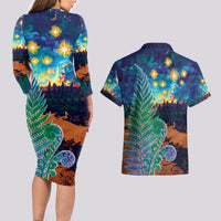 Personalised New Zealand Matariki Art Star Couples Matching Long Sleeve Bodycon Dress and Hawaiian Shirt Koru Fern Night Starry Sky