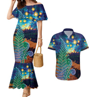 Personalised New Zealand Matariki Art Star Couples Matching Mermaid Dress and Hawaiian Shirt Koru Fern Night Starry Sky LT9 Black - Polynesian Pride