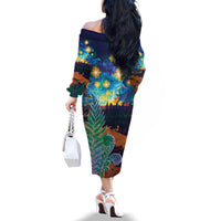 Personalised New Zealand Matariki Art Star Family Matching Off The Shoulder Long Sleeve Dress and Hawaiian Shirt Koru Fern Night Starry Sky