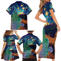 Personalised New Zealand Matariki Art Star Family Matching Short Sleeve Bodycon Dress and Hawaiian Shirt Koru Fern Night Starry Sky