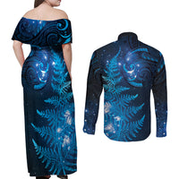 New Zealand Matariki Couples Matching Off Shoulder Maxi Dress and Long Sleeve Button Shirt Blue Milky Way Stars Night Sky