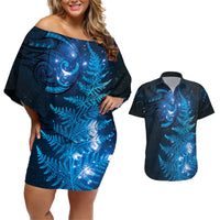 New Zealand Matariki Couples Matching Off Shoulder Short Dress and Hawaiian Shirt Blue Milky Way Stars Night Sky LT9 Blue - Polynesian Pride