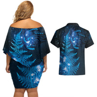 New Zealand Matariki Couples Matching Off Shoulder Short Dress and Hawaiian Shirt Blue Milky Way Stars Night Sky LT9 - Polynesian Pride