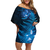 New Zealand Matariki Off Shoulder Short Dress Blue Milky Way Stars Night Sky LT9 Women Blue - Polynesian Pride