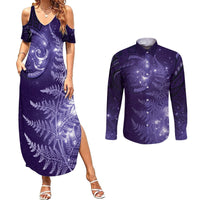 New Zealand Matariki Couples Matching Summer Maxi Dress and Long Sleeve Button Shirt Purple Milky Way Stars Night Sky LT9 Purple - Polynesian Pride