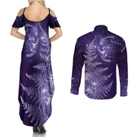 New Zealand Matariki Couples Matching Summer Maxi Dress and Long Sleeve Button Shirt Purple Milky Way Stars Night Sky LT9 - Polynesian Pride