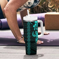 Aqua Hawaiian Kakau Turtle Tumbler With Handle Polynesian Tribal