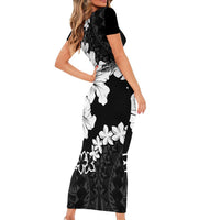 American Samoa Lotu Tamaiti Short Sleeve Bodycon Dress White Sunday Plumeria Black Vibe