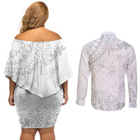 American Samoa Lotu Tamaiti Couples Matching Off Shoulder Short Dress and Long Sleeve Button Shirt White Sunday Plumeria White Vibe