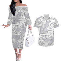 Lotu Tamaiti Samoa Siapo Couples Matching Off The Shoulder Long Sleeve Dress and Hawaiian Shirt White Sunday With Teuila Torch Ginger
