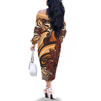 Vintage Samoa Siapo Family Matching Off The Shoulder Long Sleeve Dress and Hawaiian Shirt With Teuila Torch Ginger