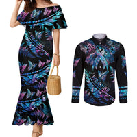 Polynesia Ribbon Butterflies Couples Matching Mermaid Dress and Long Sleeve Button Shirts Silver Fern Breast Cancer With Papua Shell Pattern LT9 Black - Polynesian Pride
