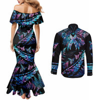 Polynesia Ribbon Butterflies Couples Matching Mermaid Dress and Long Sleeve Button Shirts Silver Fern Breast Cancer With Papua Shell Pattern LT9 - Polynesian Pride