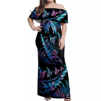 Polynesia Ribbon Butterflies Off Shoulder Maxi Dress Silver Fern Breast Cancer With Papua Shell Pattern LT9 Women Black - Polynesian Pride