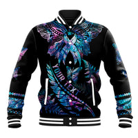 Personalised Polynesia Ribbon Butterflies Baseball Jacket Silver Fern Breast Cancer With Papua Shell Pattern LT9 Unisex Black - Polynesian Pride