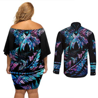 Personalised Polynesia Ribbon Butterflies Couples Matching Off Shoulder Short Dress and Long Sleeve Button Shirts Silver Fern Breast Cancer With Papua Shell Pattern LT9 - Polynesian Pride