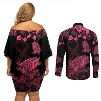 Personalised Polynesian Turtle Ribbon Couples Matching Off Shoulder Short Dress and Long Sleeve Button Shirts Think Pink Breast Cancer With Pacific Hibiscus LT9 - Polynesian Pride