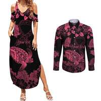 Personalised Polynesian Turtle Ribbon Couples Matching Summer Maxi Dress and Long Sleeve Button Shirts Think Pink Breast Cancer With Pacific Hibiscus LT9 Pink - Polynesian Pride