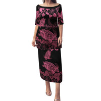 Personalised Polynesian Turtle Ribbon Puletasi Think Pink Breast Cancer With Pacific Hibiscus LT9 Long Dress Pink - Polynesian Pride