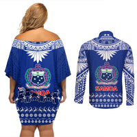 Toa Samoa Christmas Couples Matching Off Shoulder Short Dress and Long Sleeve Button Shirt Samoa Siva Tau Manuia Le Kerisimasi Blue Vibe LT9 - Polynesian Pride