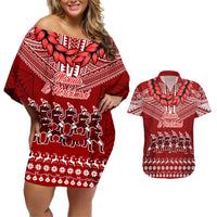 Toa Samoa Christmas Couples Matching Off Shoulder Short Dress and Hawaiian Shirt Samoa Siva Tau Manuia Le Kerisimasi Red Vibe LT9 Red - Polynesian Pride