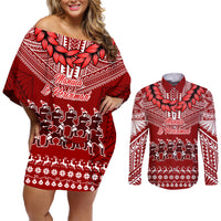 Toa Samoa Christmas Couples Matching Off Shoulder Short Dress and Long Sleeve Button Shirt Samoa Siva Tau Manuia Le Kerisimasi Red Vibe LT9 Red - Polynesian Pride