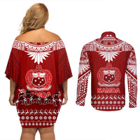 Toa Samoa Christmas Couples Matching Off Shoulder Short Dress and Long Sleeve Button Shirt Samoa Siva Tau Manuia Le Kerisimasi Red Vibe LT9 - Polynesian Pride