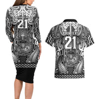 Custom New Zealand Taiaha Maori Couples Matching Long Sleeve Bodycon Dress and Hawaiian Shirt Kiwikiwi Minimalist Silver Fern Tukutuku Motif