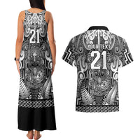 Custom New Zealand Taiaha Maori Couples Matching Tank Maxi Dress and Hawaiian Shirt Kiwikiwi Minimalist Silver Fern Tukutuku Motif