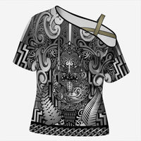 Custom New Zealand Taiaha Maori Cross Shoulder Shirt Kiwikiwi Minimalist Silver Fern Tukutuku Motif