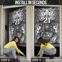 Custom New Zealand Taiaha Maori Door Cover Kiwikiwi Minimalist Silver Fern Tukutuku Motif