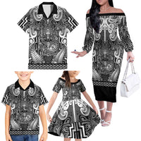 Custom New Zealand Taiaha Maori Family Matching Off The Shoulder Long Sleeve Dress and Hawaiian Shirt Kiwikiwi Minimalist Silver Fern Tukutuku Motif