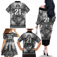 Custom New Zealand Taiaha Maori Family Matching Off The Shoulder Long Sleeve Dress and Hawaiian Shirt Kiwikiwi Minimalist Silver Fern Tukutuku Motif