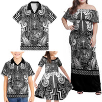 Custom New Zealand Taiaha Maori Family Matching Off Shoulder Maxi Dress and Hawaiian Shirt Kiwikiwi Minimalist Silver Fern Tukutuku Motif