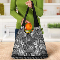 New Zealand Taiaha Maori Grocery Bag Kiwikiwi Minimalist Silver Fern Tukutuku Motif