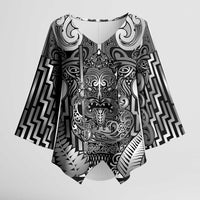 Custom New Zealand Taiaha Maori Kimono Sleeve Blouse Kiwikiwi Minimalist Silver Fern Tukutuku Motif