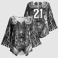Custom New Zealand Taiaha Maori Kimono Sleeve Blouse Kiwikiwi Minimalist Silver Fern Tukutuku Motif