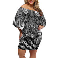Custom New Zealand Taiaha Maori Off Shoulder Short Dress Kiwikiwi Minimalist Silver Fern Tukutuku Motif
