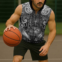 Custom New Zealand Taiaha Maori Sleeveless Zip Hoodie Kiwikiwi Minimalist Silver Fern Tukutuku Motif